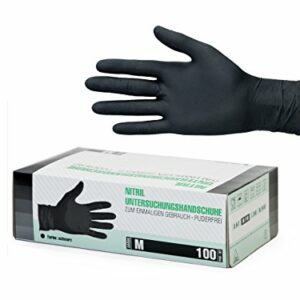 Nitrilhandschuhe 100 Stück Box (M, Schwarz) Einweghandschuhe, Einmalhandschuhe, Untersuchungshandschuhe, Nitril Handschuhe, puderfrei, ohne Latex, unsteril, latexfrei, disposible gloves, black